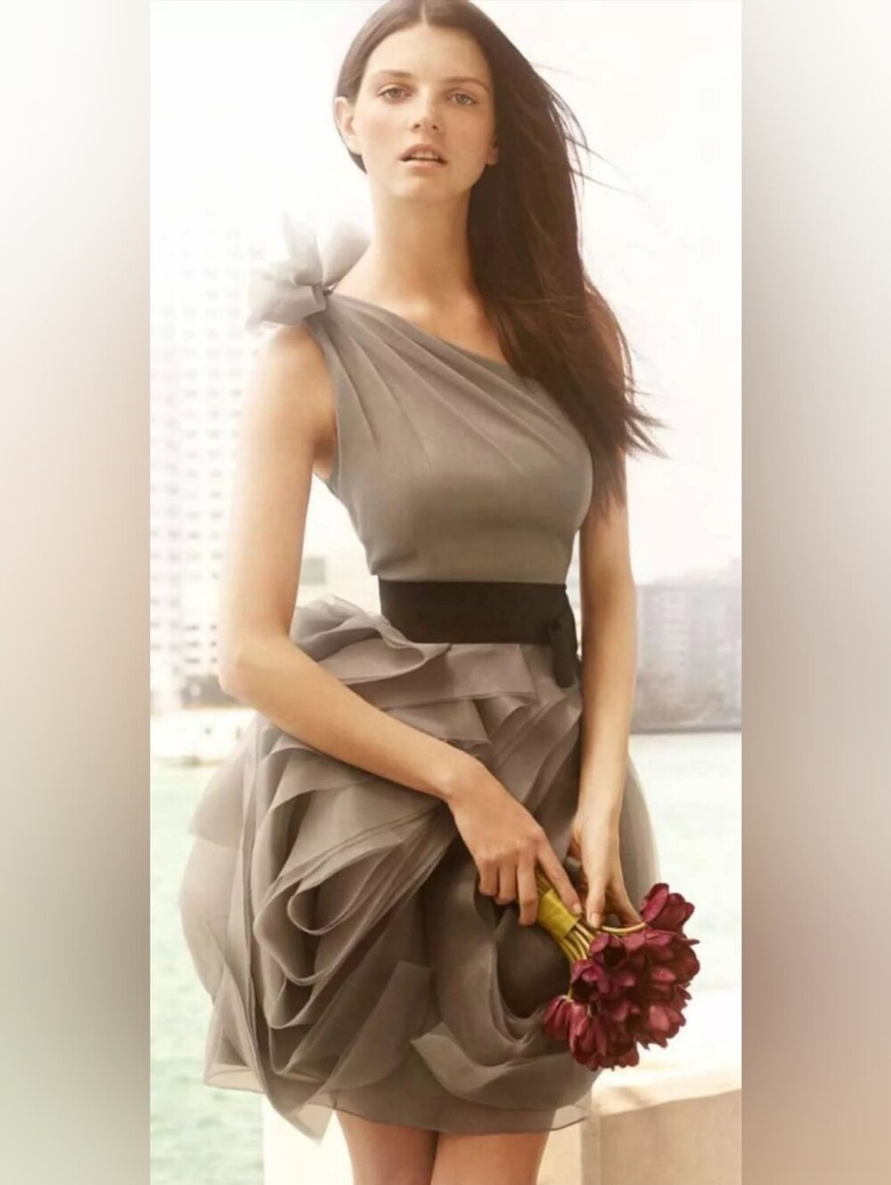 Vera Wang 3D Floral One Shoulder Cocktail Dress Taupe Gray Sz 10 ASO Gossip Girl